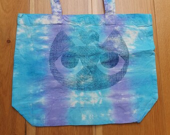 Tie Dye Tote with Cat Face print - turquoise & purple