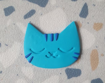 Turquoise and blue Tabby Cat Face - Polymer Clay Badge