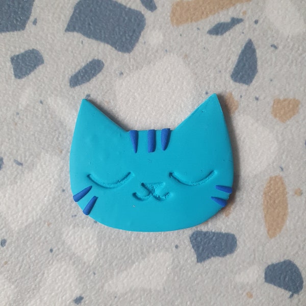 Turquoise and blue Tabby Cat Face - Polymer Clay Badge