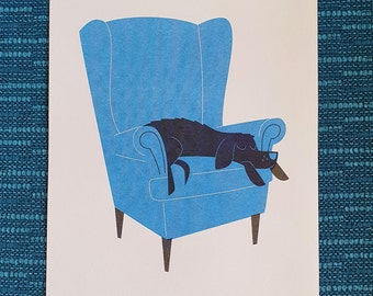 Dog Nap armchair - A4 Blue RISO print - by Peski Studio
