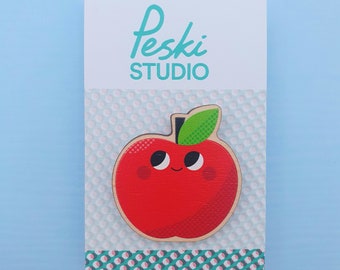 Rosy Red Apple Wood Pin Badge