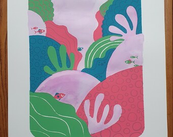 Coral Reef screen print with watercolour by Peski Studio