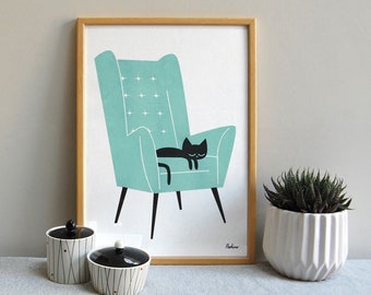 Cat Nap Arm Chair in Green - A3 RISO print by Peski Studio