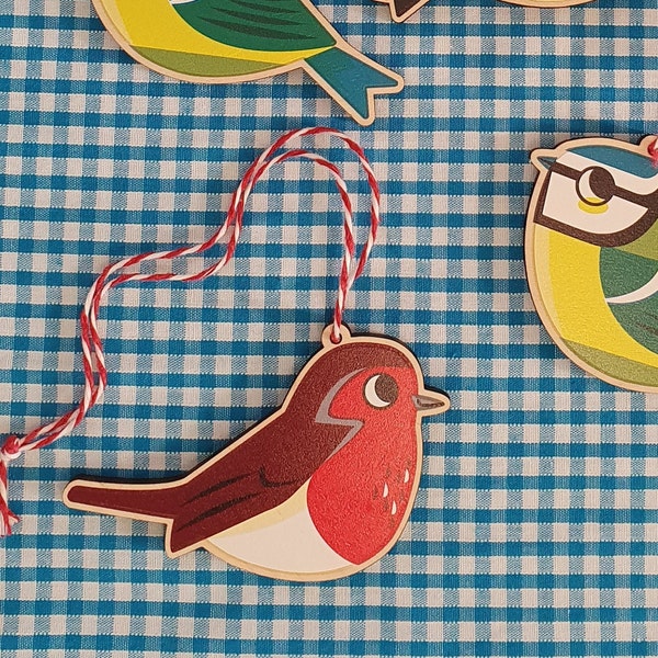 Robin bird decoration - printed wood