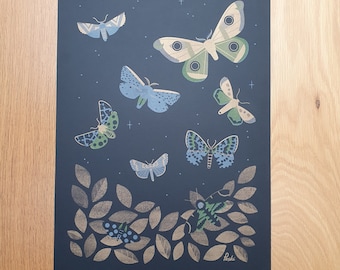 Beautiful Moths - 3 colour RISO print with gold metallic ink