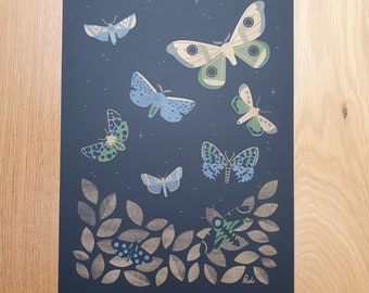 Beautiful Moths - 3 colour RISO print with gold metallic ink