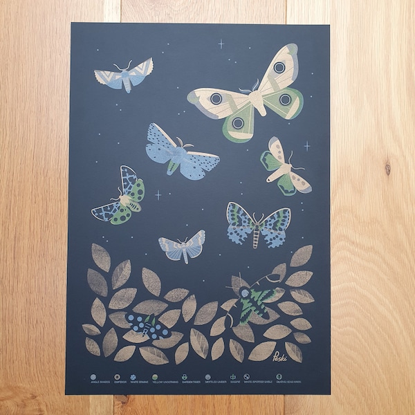 Beautiful Moths - 3 colour RISO print with gold metallic ink