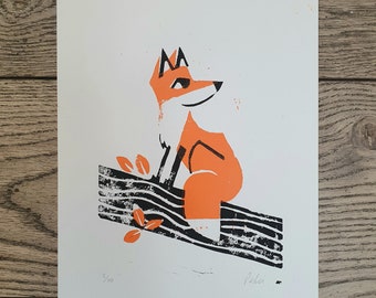 What's That' fox no 3 of 10 - lino print - by Peski Studio