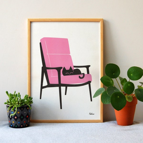 Cat Nap Armchair in Neon Pink- A3 RISO print - by Peski Studio