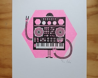 Synthi the robot - screen print by Peski Studio in neon flouro pink