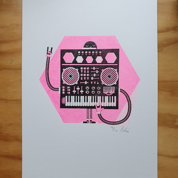 Synthi the robot - screen print by Peski Studio in neon flouro pink