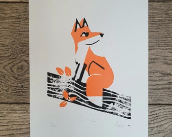 What's That' fox no 2 of 10 - lino print - by Peski Studio