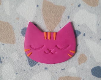 Pink magenta Tabby Cat Face with orange ginger - Polymer Clay Badge