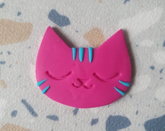 Pink magenta Tabby Cat Face with turquoise - Polymer Clay Badge