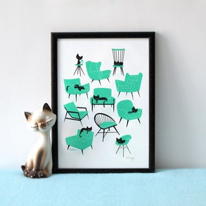 Cat Naps - A4 2 colour screenprint - by Peski Studio in teal / turquoise and black