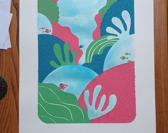 Coral Reef screen print with watercolour paint by Peski Studio