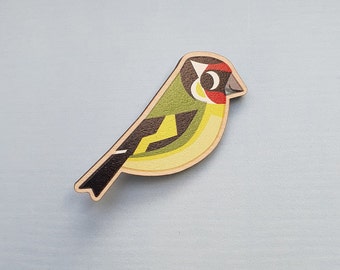 Goldfinch Bird Wood Badge Pin Brooch