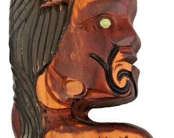 Maori Carved Wood Hepa Gibbons Art Face Paua Shell Eye New Zealand Wall Decor