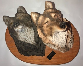 Karl Lansing Hand Cast WOLVES Head Wolf Wall Mount Wildlife Art Sculpture RARE