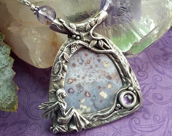 Fairy Moondreamer~ Luna Agate Fantasy Pendant with Fine Silver Precious Metal Clay and Amethyst