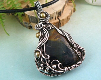 Falcon Eye Wire Wrapped Cabochon Pendant in a Freeform Wire Wrapped Setting of Sterling Silver ~ Blue Tiger Eye ~ Hawk Eye