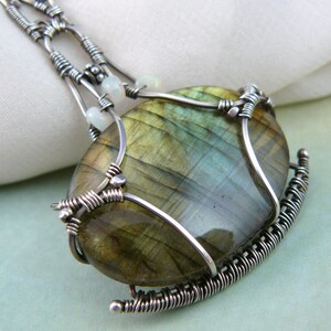 Green Labradorite Pendant ~ Oval Labradorite Cabochon ~ Wire Wrapped Labradorite ~ Labradorite Necklace ~ Silver Wire and Labradorite