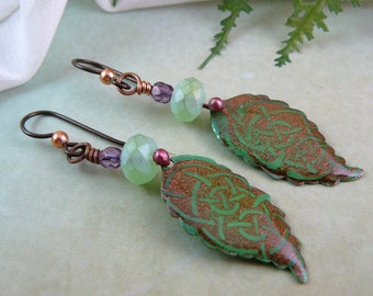 Celtic Knot Green Leaf Dangle Earrings with Copper Colored Niobium Ear Wires