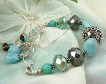 Faceted Amazonite and Bali Sterling Silver Bead Bracelet