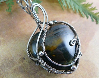 Wire Wrapped Falcon Eye and Sterling Silver Heart Pendant