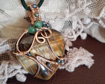 Bronze Wire Wrapped Falcon Eye Pendant