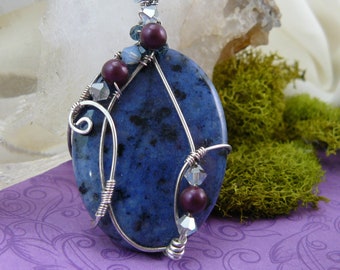 Romantic Deep Blue Dumortierite Wire Wrapped Pendant, One of a Kind, Wrapped in Sterling Silver and Antiqued to Emphasize Detail