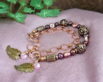 Copper Bead Freshwater Pearl and Leaf Charm Bracelet