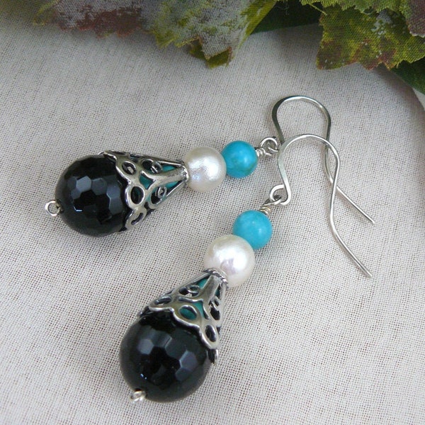 Romantic and Feminine Akoya Pearl, Onyx, Turquoise and Sterling Silver Dangle Earrings