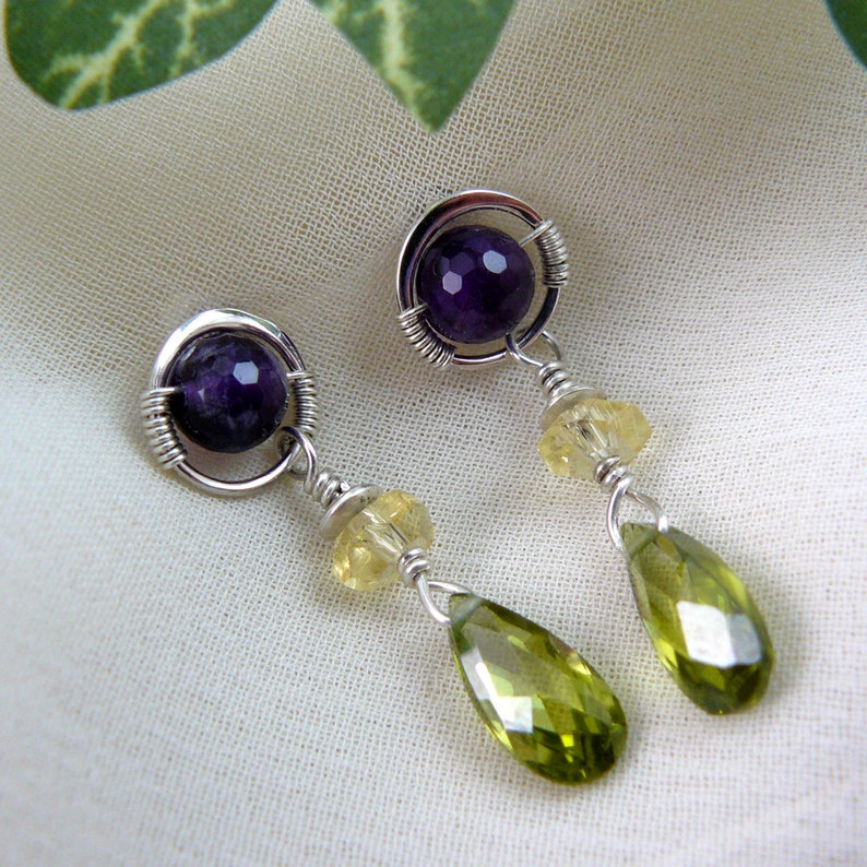 Olivine Cubic Zirconia Post Earrings Amethyst Citrine and Olivine CZ Post and Dangle Earrings Citrine Earrings Amethyst Earrings