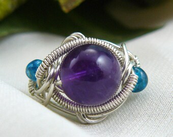 Amethyst Ring ~ Amethyst Bead Ring ~ Apatite Ring ~ Wirewrapped Bead Ring ~ Amethyst Bead Ring ~ Wirewrapped Amethyst Ring ~ Size 7 1/4