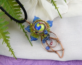 Cobalt Blue and Lime Green Whimsical Wire Wrapped Lampwork Glass Flower Pendant