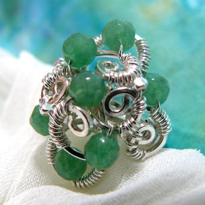Green Jade Cluster Ring~ Jade and Silver Ring ~ Jade Wire Wrapped Ring ~ Jade Bead Ring ~ Silver and Jade Ring~ Silver Wire Ring ~ Size 5