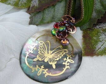 Wire Wrapped Gold and Green Butterfly Pendant