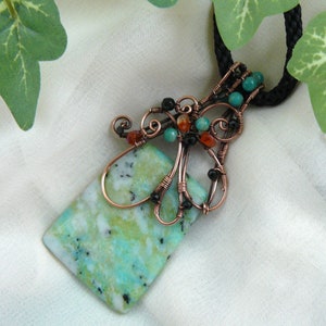 Paisley Design Copper Wire Wrapped Kiwi Jasper Pendant with Black Kumihimo Cord