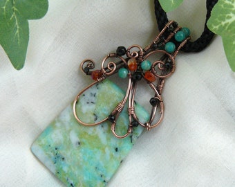 Paisley Design Copper Wire Wrapped Kiwi Jasper Pendant with Black Kumihimo Cord