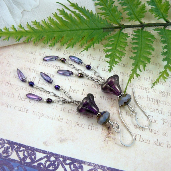 Czech Glass Flower Bead and Dagger Dangle Earrings