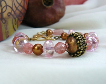 Pink Crystal and Crystal Copper Swarovski Pearl Beaded Bracelet