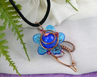 Cobalt and Deep Aqua Blue Whimsical Wire Wrapped Lampwork Glass Flower Pendant