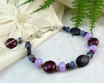 Elderberry Swarovksi Pearl and Shimmery Blue Goldstone Bead Bracelet