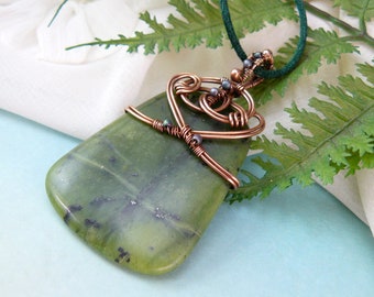 Copper Celtic Wire Wrapped Green Prehnite Pendant