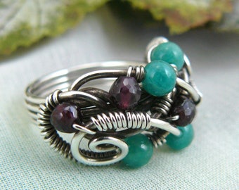 Garnet Ring ~ Wire Wrapped Ring ~ Silver Wire Ring ~ Wire Bead Ring ~ Sterling Silver Ring ~ Multi Bead Ring ~ Wire Ring ~ Silver Bead Ring
