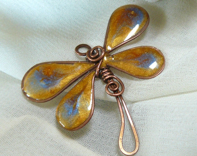 Copper Wire Dragonfly Charm With Shimmery Gold Wings in Resin Etsy