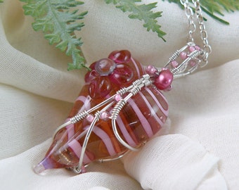Wire Wrapped Lampwork Glass Peppermint Candy Heart Pendant, Valentine Jewelry, Heart Necklace, Romantic Heart Pendant