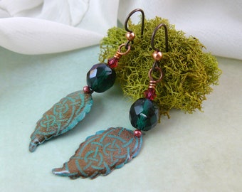 Teal Green Celtic Knot Leaf Dangle Earrings