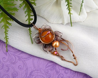 Orange Crystal Copper and Smoky Purple Whimsical Wire Wrapped Lampwork Glass Flower Pendant